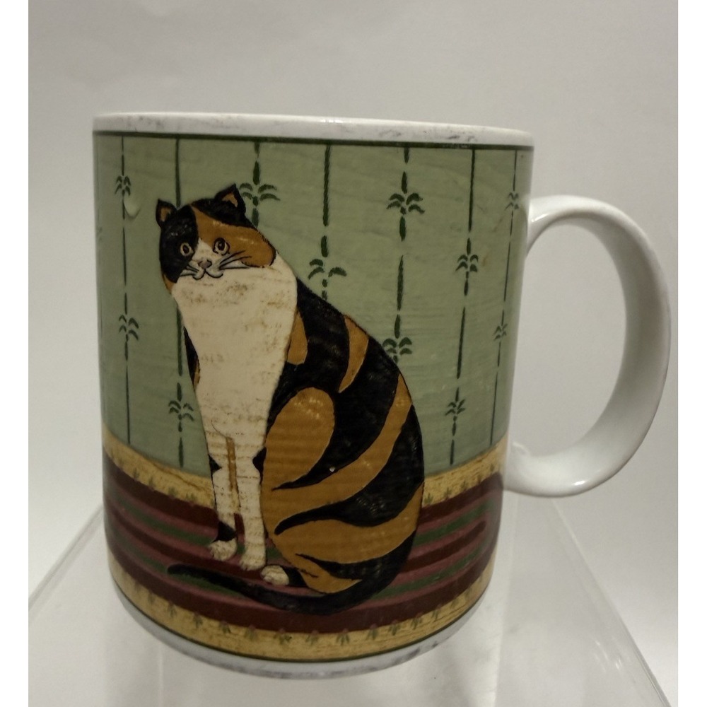 Vintage Style Calico Cat Ceramic Coffee Mug Sage Green Palm Leaf‎ Folk Art Cup